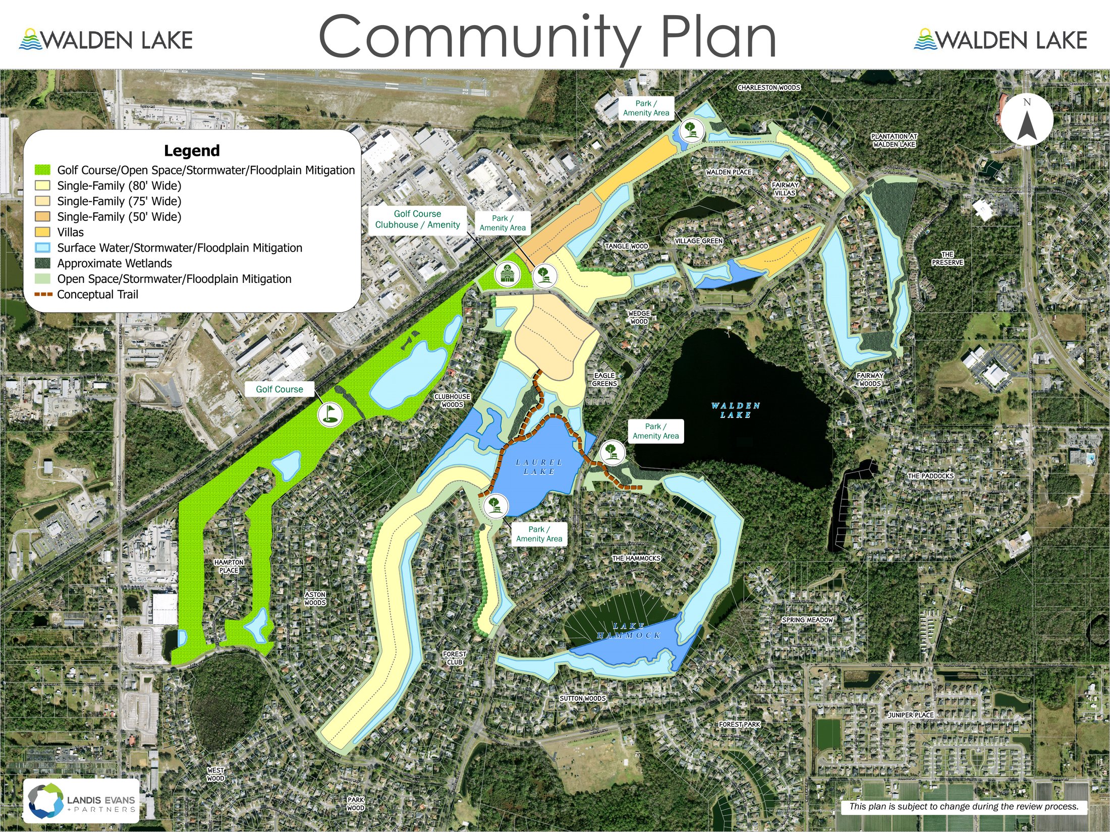 Aerial rendering of the Walden Lake Community Plan, showing proposed home sites, the golf course, parks and trails and open space over the existing neighborhood.