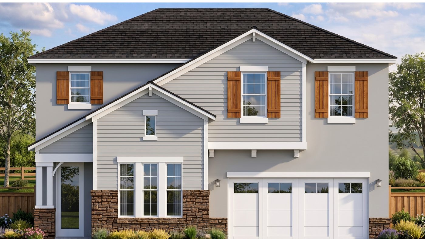 Conceptual rendering of a Transitional-style home elevation for a 50-foot lot.