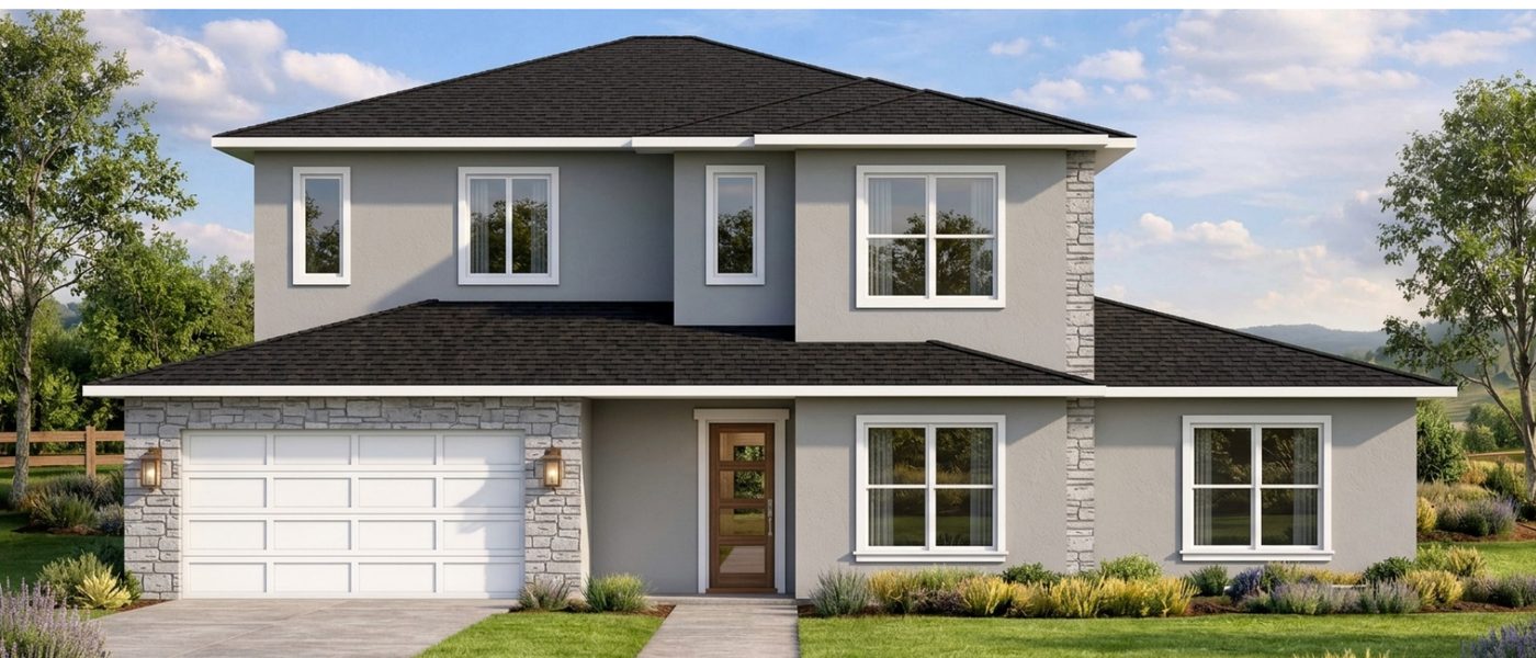 Conceptual rendering of a Transitional-style home elevation for a 75-foot lot.