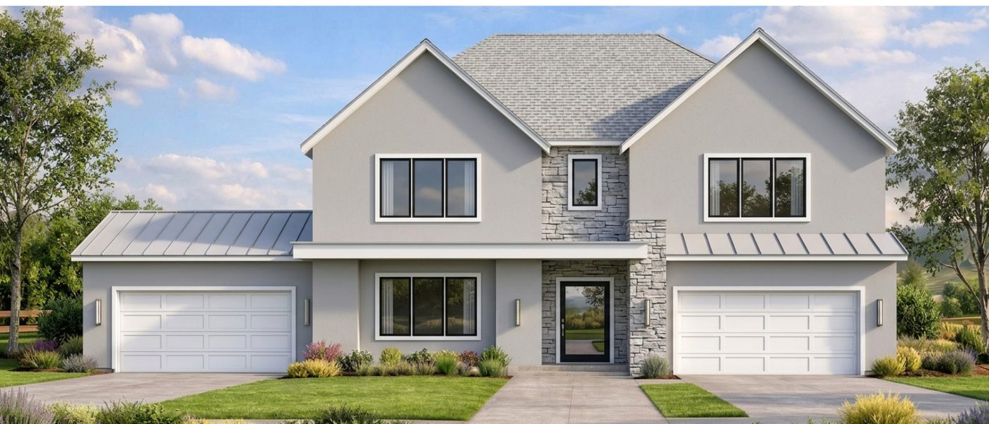 Conceptual rendering of a Transitional-style home elevation for an 80-foot lot.