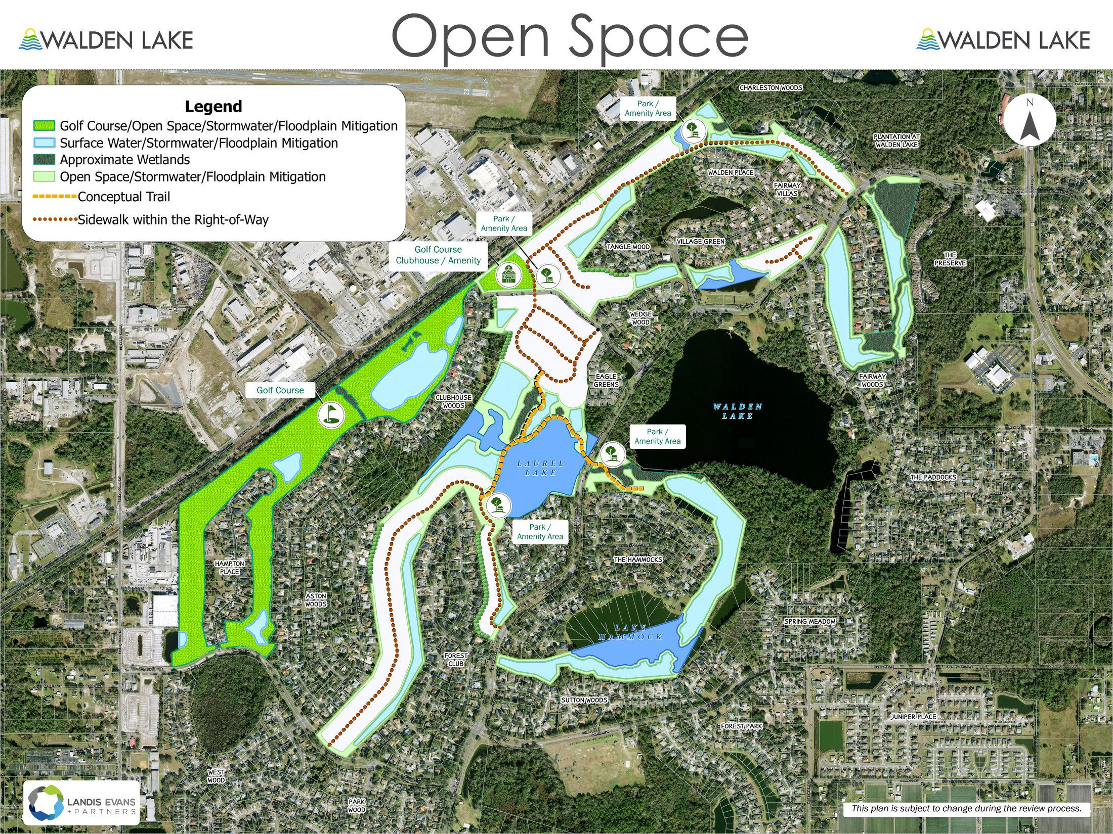 Rendering of the Open Space Plan, showing the golf course, wetlands, surface water and stormwater areas with the conceptual trail network and sidewalks.
