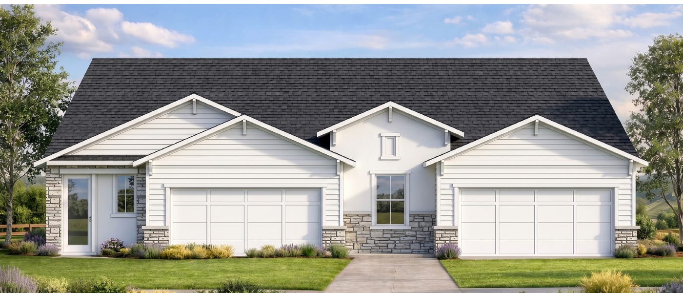 Conceptual rendering of an American Vernacular-style villa elevation with a side entry.